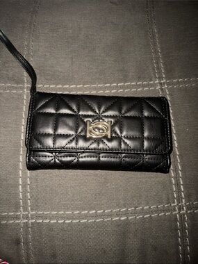 bebe Black Quilted Leather Wallet with Gold Zip Accent